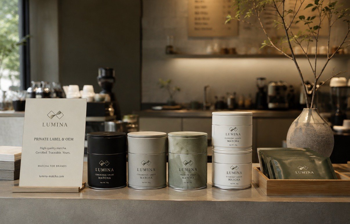 Private label matcha tins for cafés and brands